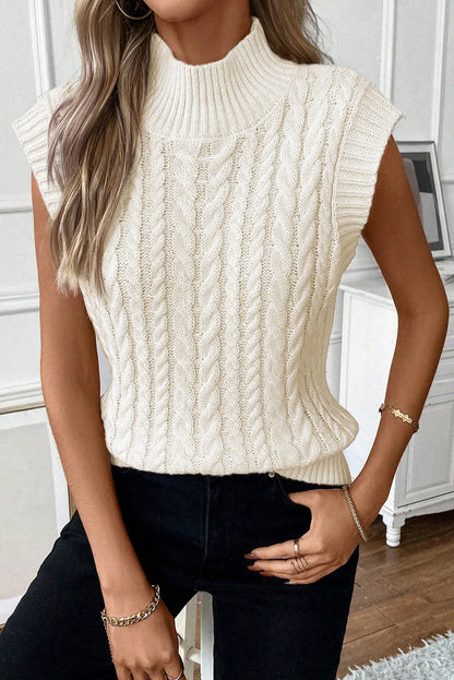 Oatmeal Cable Knit High Neck Sweater Vest - Which Mark