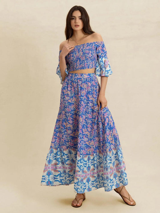 Smocked Off-Shoulder Printed Top and Skirt Set - Which Mark