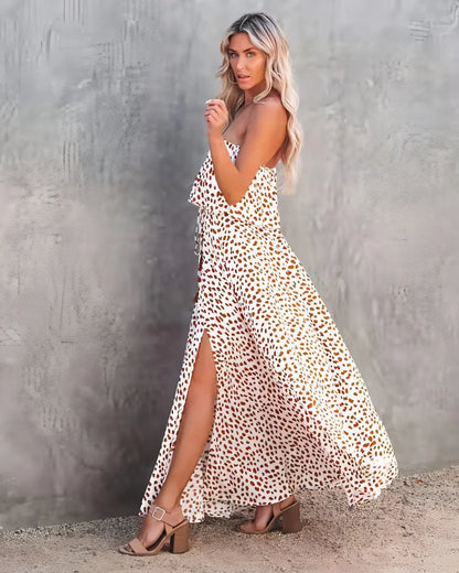 Leopard Print Floral-print Off-shoulder Ruffled Slit Dress - Which Mark