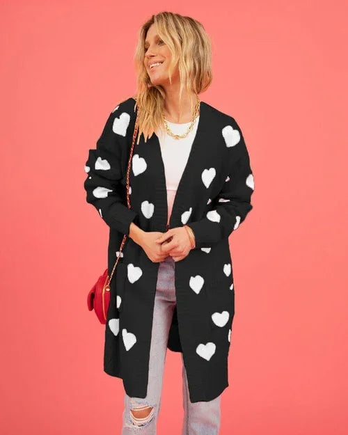 Heart Knitted Cardigan Love Pocket V-neck Mid-length Sweater - Which Mark