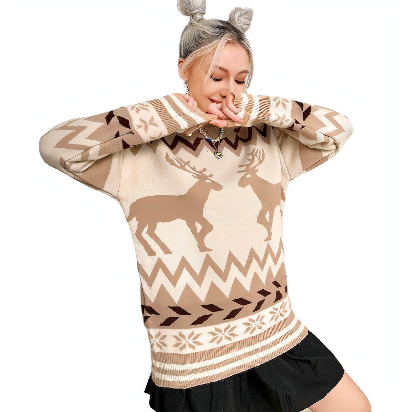 Round Neck Pullover Elk Style Women's Knitted Sweater Women - Which Mark