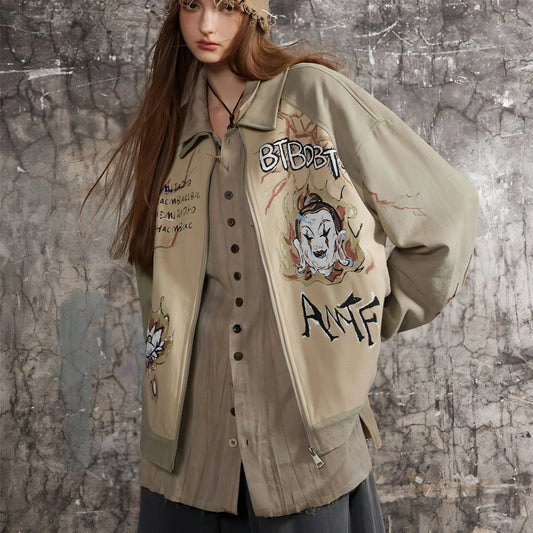 Cultural Graffiti Oil Painting Patterned Denim Jacket Men - Which Mark