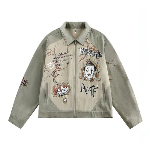 Cultural Graffiti Oil Painting Patterned Denim Jacket Men - Which Mark