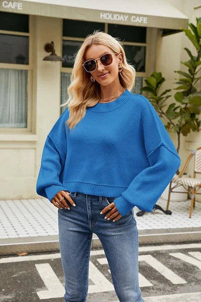 Loose Cropped Pullover Fashion Long Sleeve Round Neck Sweater - Which Mark