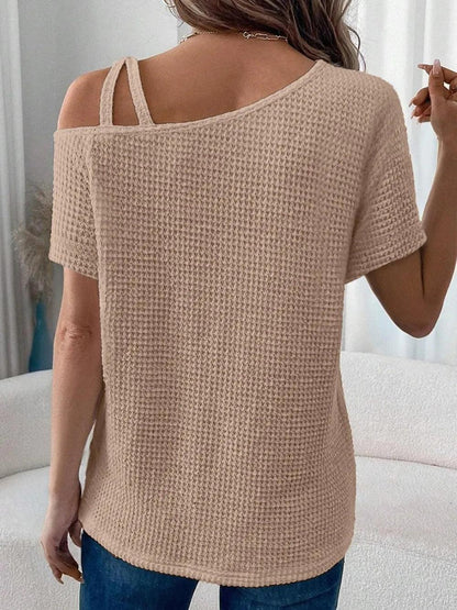Asymmetrical Neck Short Sleeve T-Shirt - Which Mark