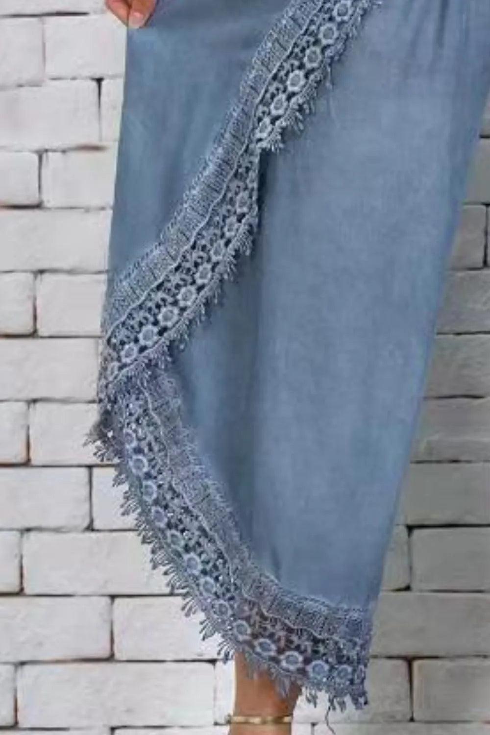 Full Size Lace Detail Wide Leg Pants Plus Size - Which Mark