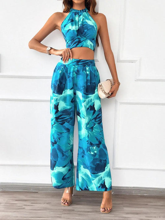 Devine Printed Halter Neck Top and Pants Set - Which Mark
