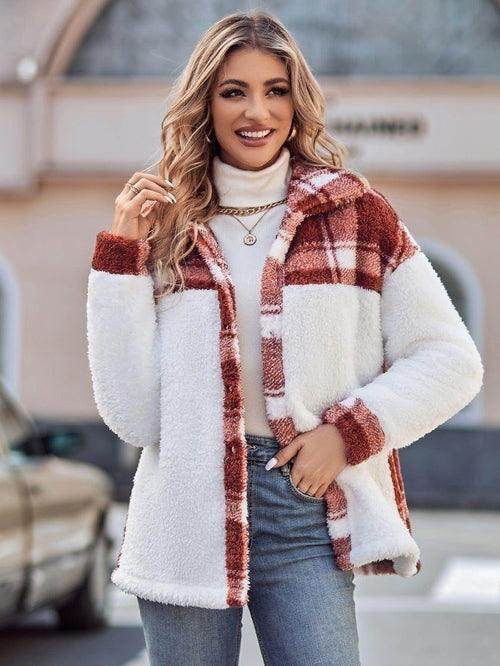 Women's Patchwork Lapel Loose Long Sleeve Plush Coat Jacket - Which Mark