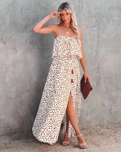 Leopard Print Floral-print Off-shoulder Ruffled Slit Dress - Which Mark