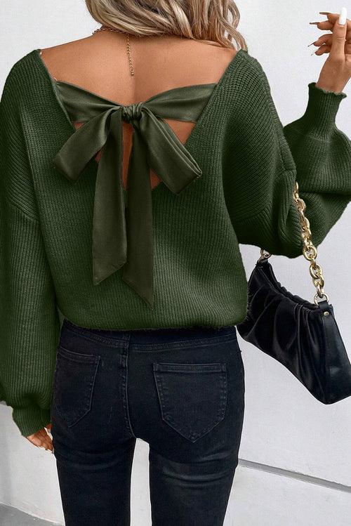 Jungle Green Lantern Sleeve V Neck Knot Back Sweater - Which Mark