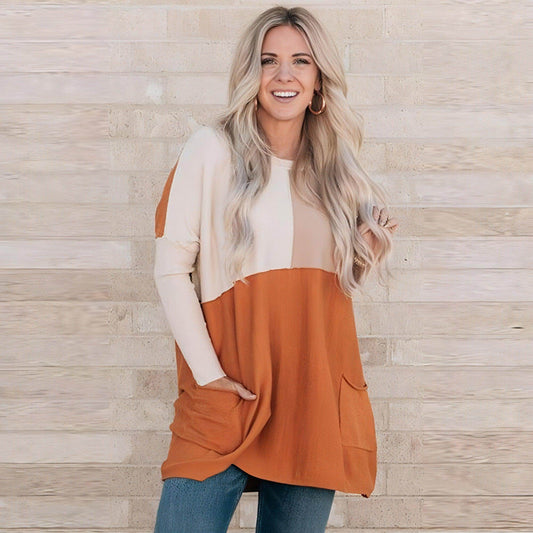 Women's Orange Pocket Color Matching Long-sleeved Top T-shirt - Which Mark