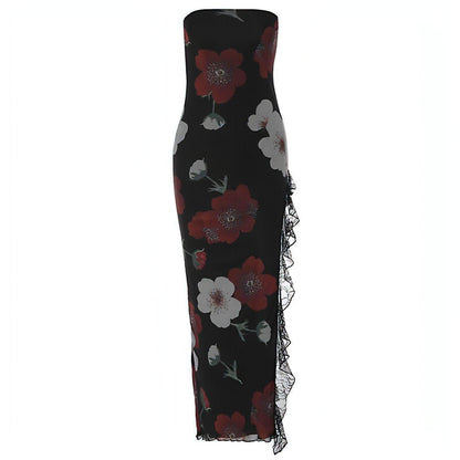Printed Lace Stitching Wrapped Chest Dew Dress - Which Mark