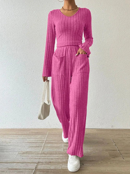 Ribbed V-Neck Long Sleeve Top and Pocketed Pants Set - Which Mark
