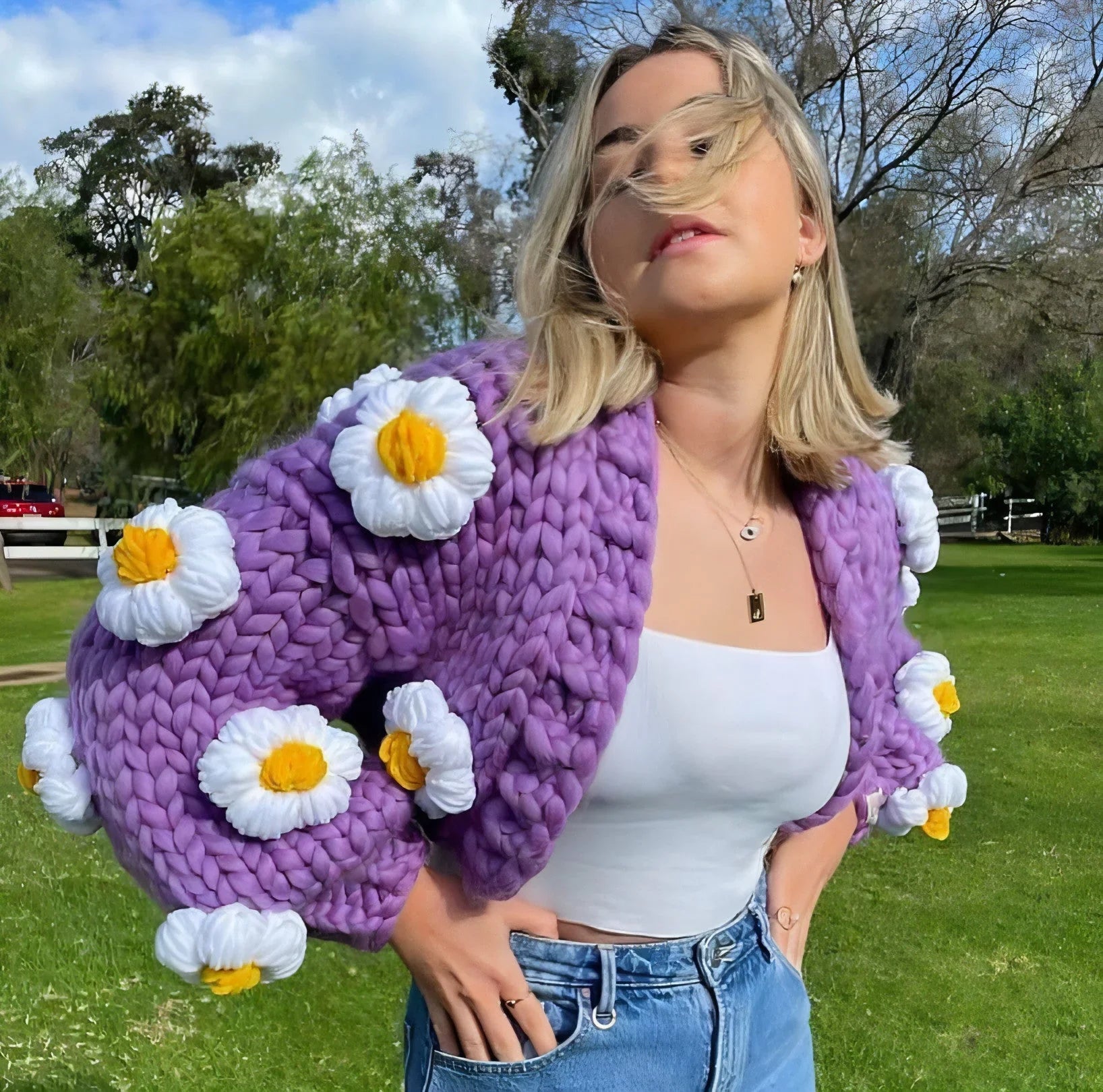 Handmade Crochet Cardigan Sweater Women Fruit Jacquard Embroidery - Which Mark