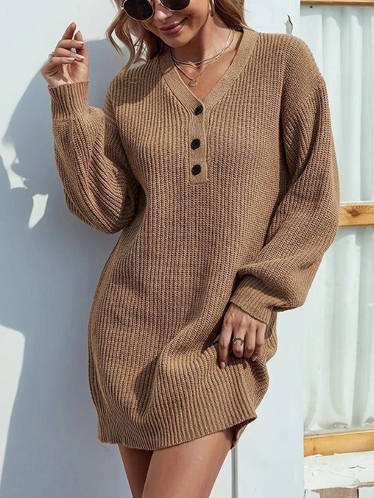 V-Neck Dropped Shoulder Mini Sweater Dress - Which Mark