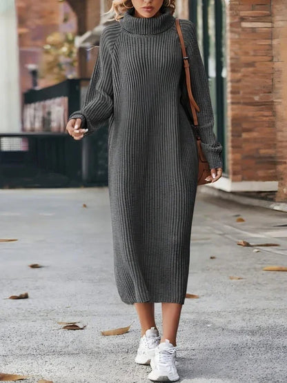 Long Below The Knee Loose High Collar Knitted Dress Sweater - Which Mark