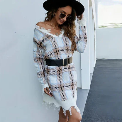 A1. Lazy Style Long Sleeve Pullover Sweater Plaid Base Knitting Dress - Which Mark