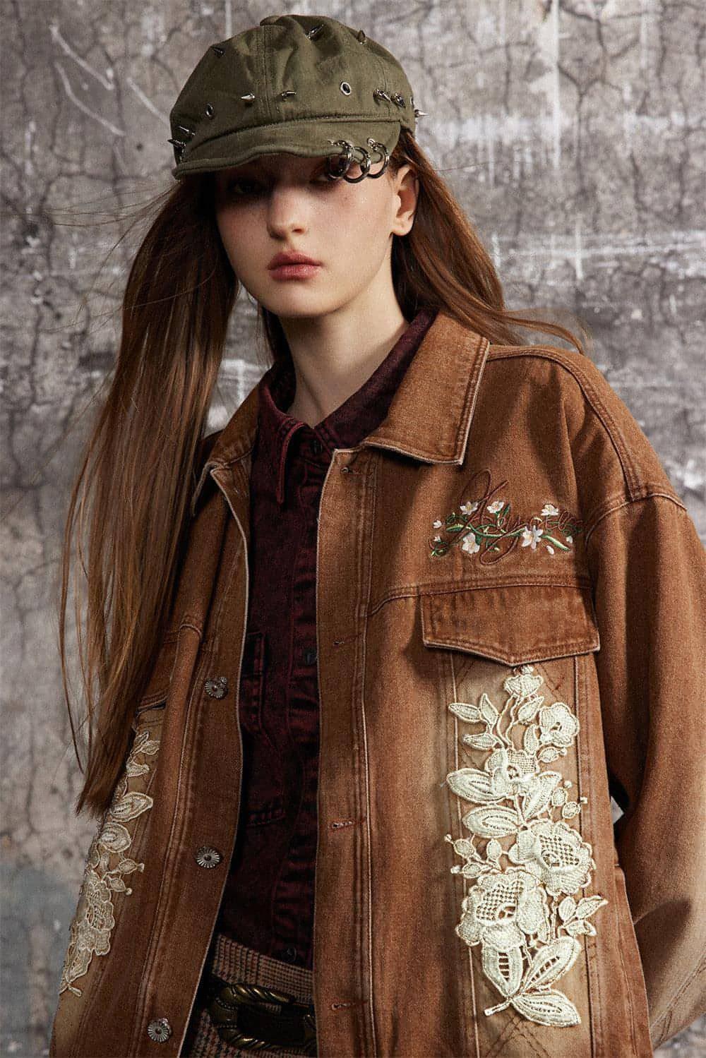 Floral Embroidery Spray Painting Denim Jacket Men & Women Punk - Which Mark