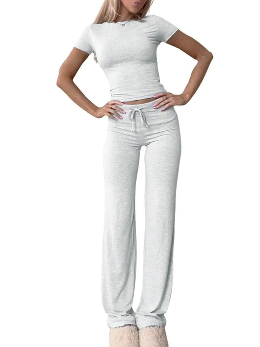 Round Neck Short Sleeve Top and Pants Set - Which Mark
