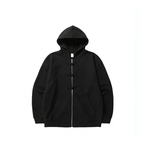 New Chinese Style Buckle Fleece Zipper Hooded Sweater - Which Mark
