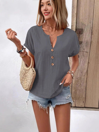 Full Size Notched Short Sleeve Top Plus Size - Which Mark