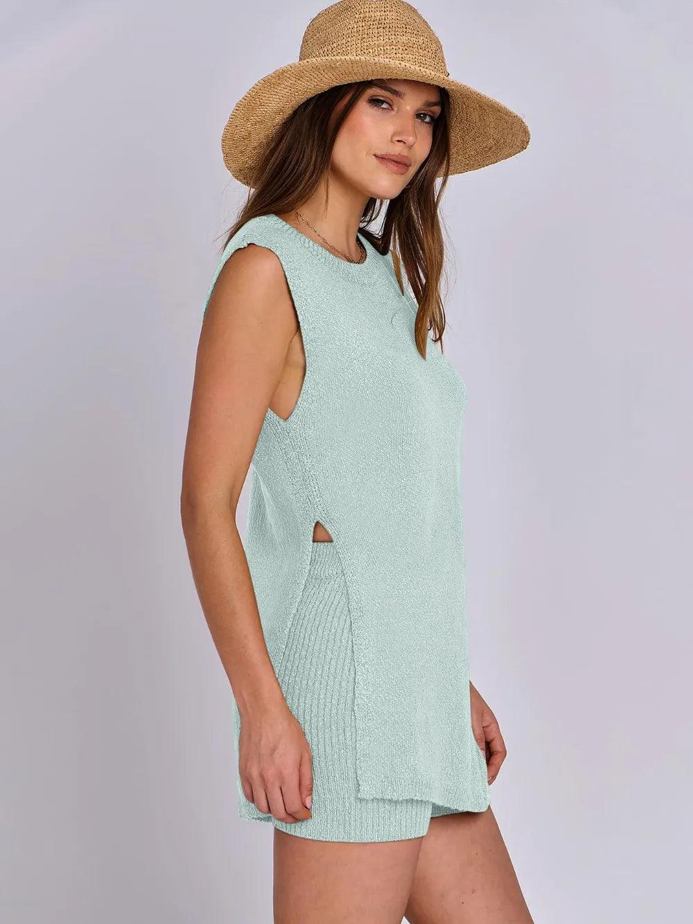 Mandy Side Slit Round Neck Tank and Shorts Sweater Set - Which Mark