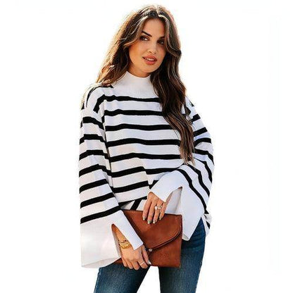 Striped Turtleneck Sweater Women's Cuffs - Which Mark
