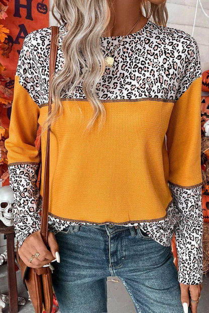 Women Round Neck Leopard Splicing Waffle Sweater - Which Mark