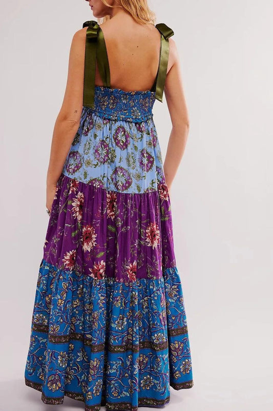 Floral Tiered Maxi Dress with Mixed Print Design - Which Mark