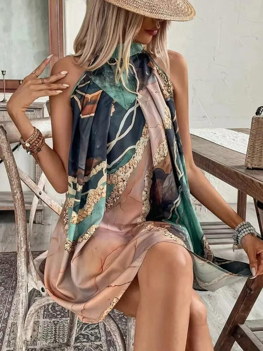 Tied Back Printed Sleeveless Dress - Which Mark