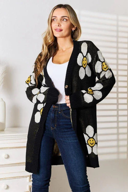 Perfee Floral Button Down Longline Cardigan - Which Mark