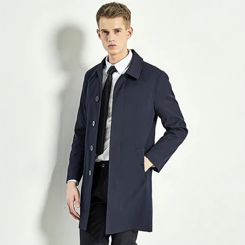 Men Trench Coat Navy Blue Single Breasted - Which Mark