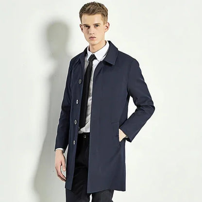 Men Trench Coat Navy Blue Single Breasted - Which Mark