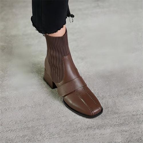 Large Brown Square Toe Mid-heel Soft Leather Shoes - Which Mark