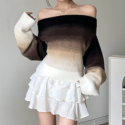 Gradient Off-neck Long-sleeved Woolen Top Women Sweater - Which Mark