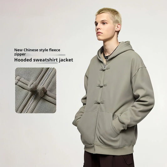 New Chinese Style Buckle Fleece Zipper Hooded Sweater - Which Mark