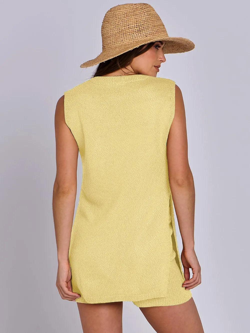 Mandy Side Slit Round Neck Tank and Shorts Sweater Set - Which Mark