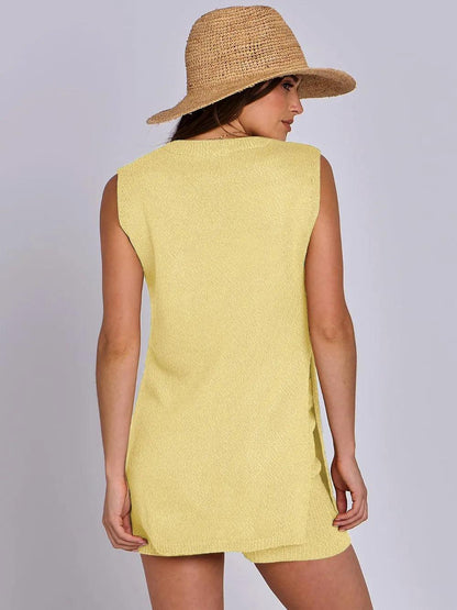 Mandy Side Slit Round Neck Tank and Shorts Sweater Set - Which Mark