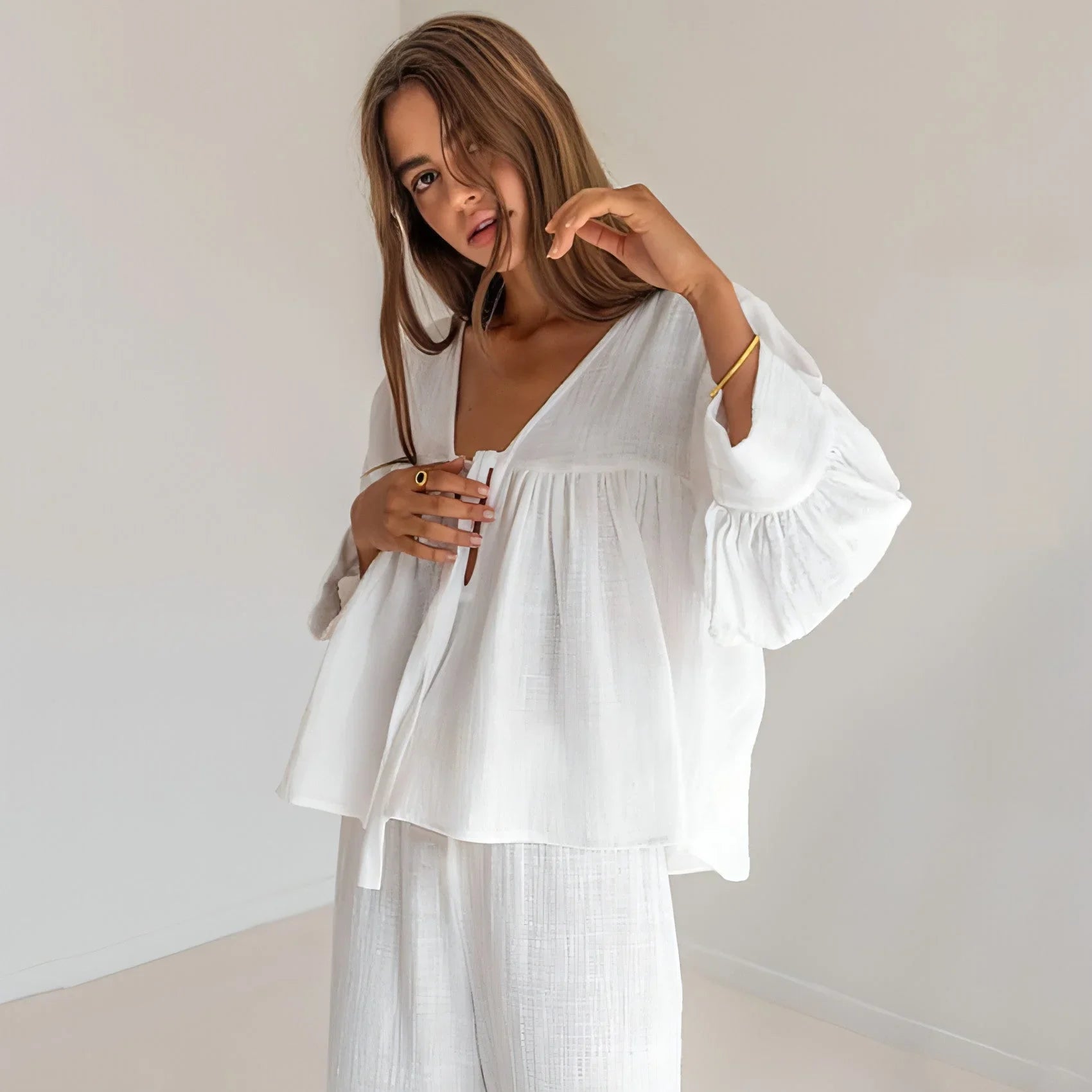 Women's Fashion Long Sleeve Double-layer Crepe Pajamas Trousers Loose - Which Mark