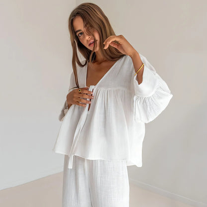 Women's Fashion Long Sleeve Double-layer Crepe Pajamas Trousers Loose - Which Mark