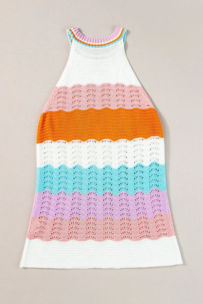 Multicolour Wavy Striped Print Textured Knit Sleeveless Sweater Top - Which Mark