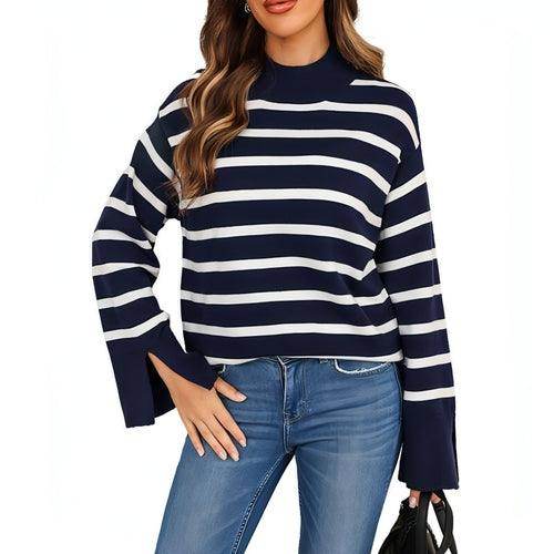 Striped Turtleneck Sweater Women's Cuffs - Which Mark
