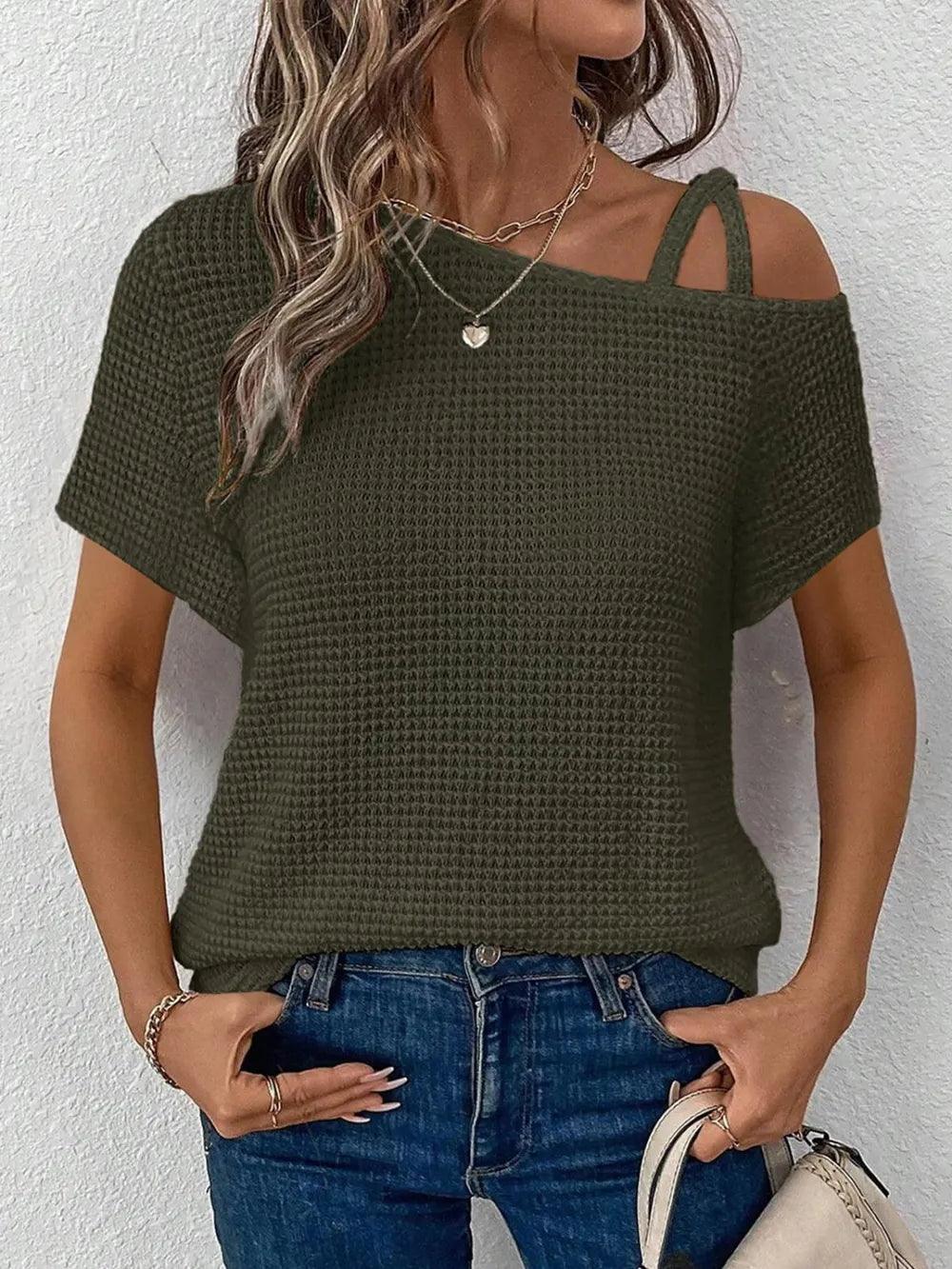 Asymmetrical Neck Short Sleeve T-Shirt - Which Mark