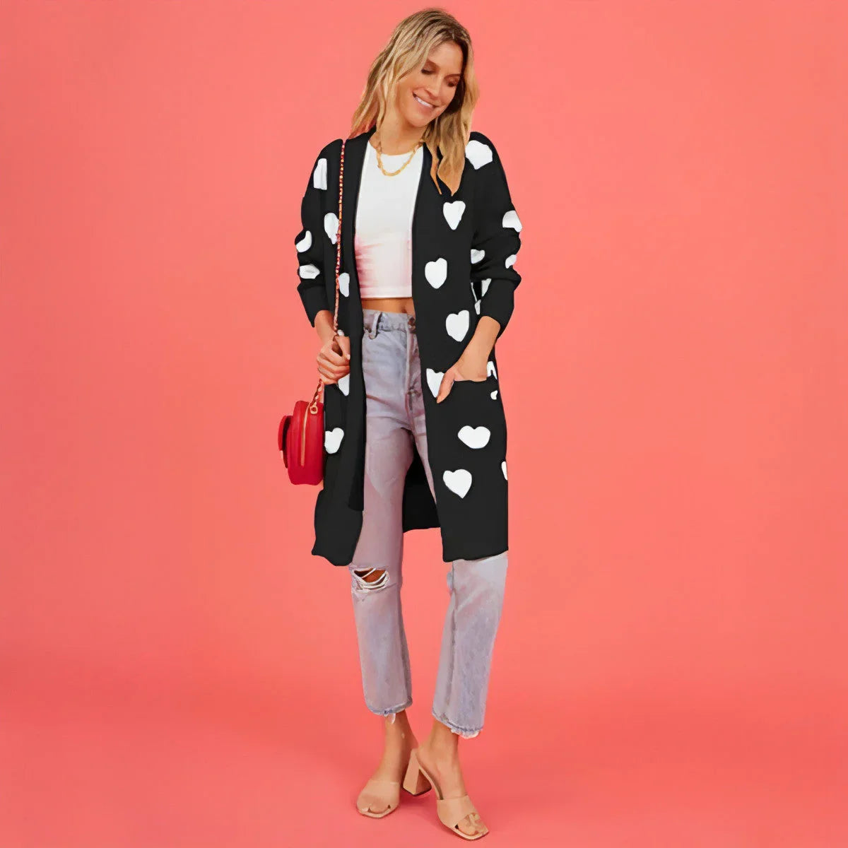 Heart Knitted Cardigan Love Pocket V-neck Mid-length Sweater - Which Mark