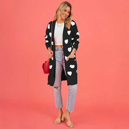 Heart Knitted Cardigan Love Pocket V-neck Mid-length Sweater - Which Mark