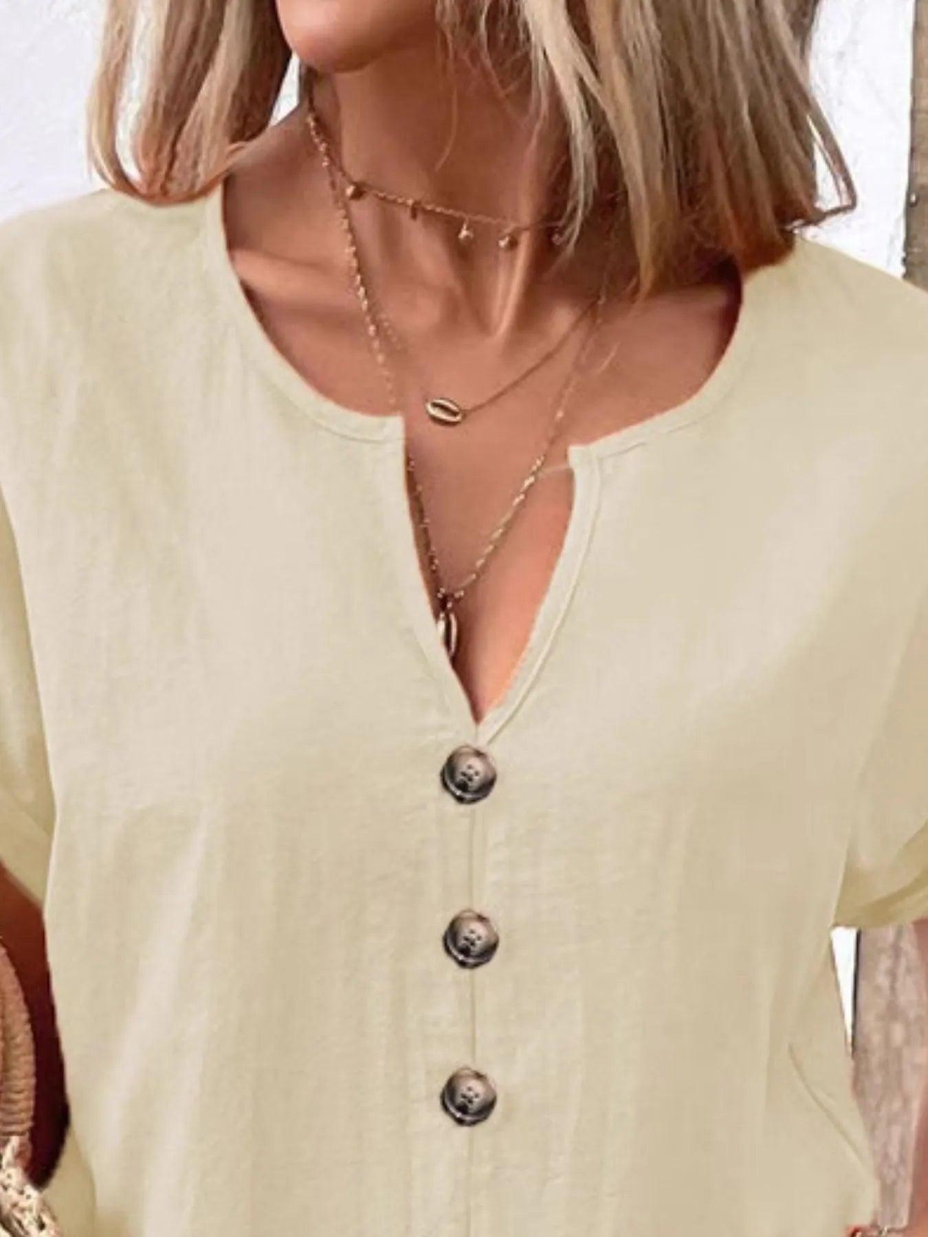 Full Size Notched Short Sleeve Top Plus Size - Which Mark