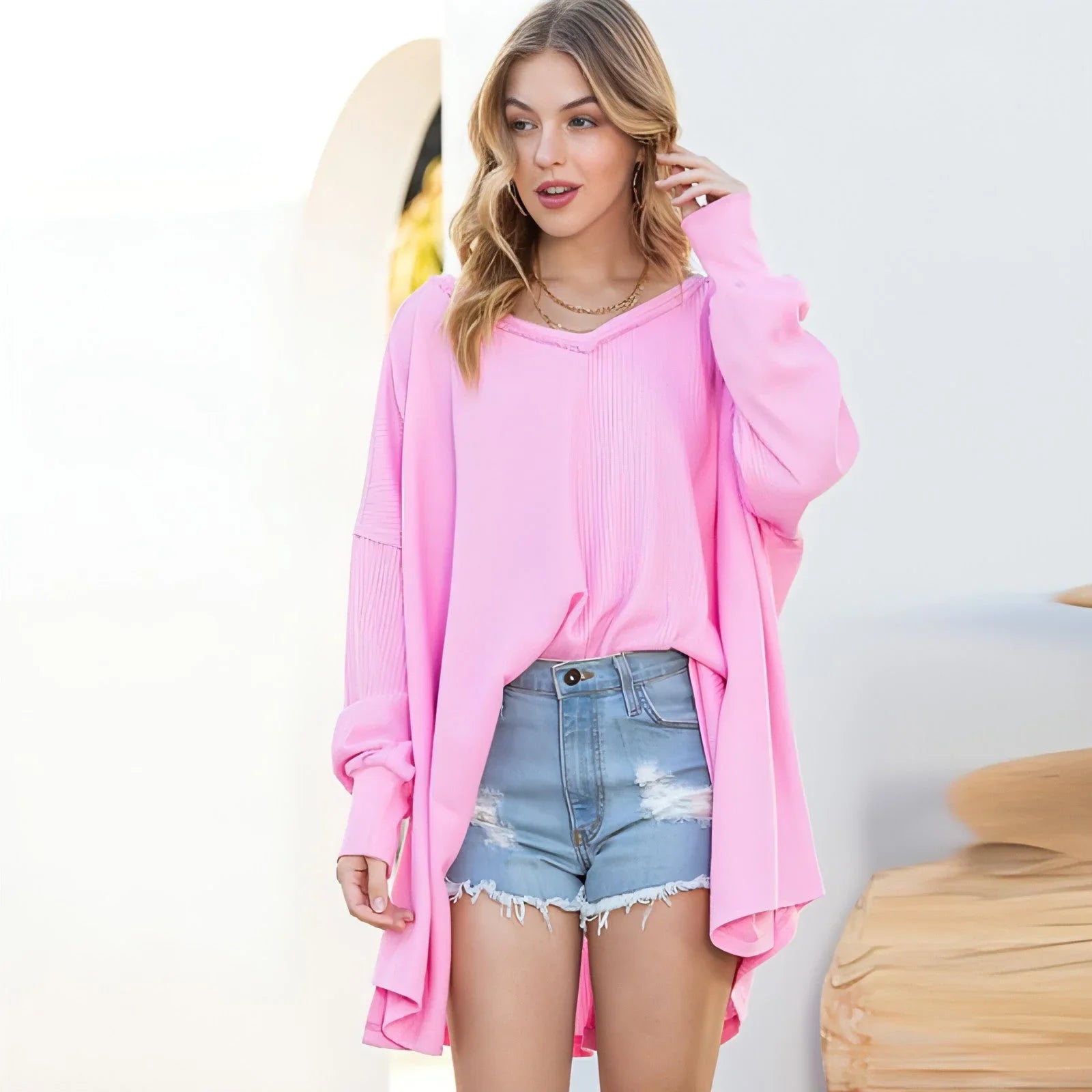 Solid Color Exposed Loose Long-sleeved Sweater - Which Mark