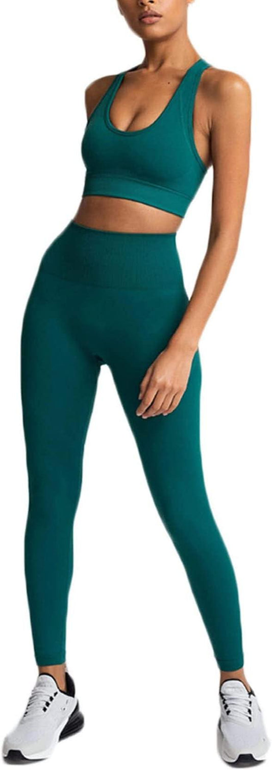 Hotexy Women's Workout Sets 2 Pieces Suits Seemless Waistband Yoga Leggings with Stretch Sports Bra Gym Clothes - Which Mark