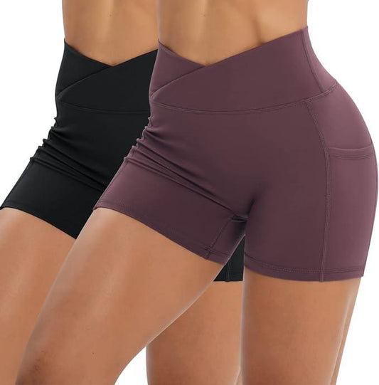 Iserkafe Workout Shorts for Women 2 Pcs Pack Cross Waist Active Gym Spandex Stretchy Yoga Compression with Side Pockets - Which Mark