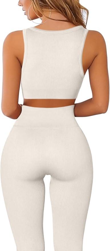 QINSEN FAFOFA Workout Outfits for Women 2 Piece Ribbed Seamless Crop Tank High Waist Yoga Leggings Sets - Which Mark